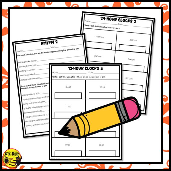 12 and 24-Hour Time Referents and AM/PM Math Worksheets | Paper