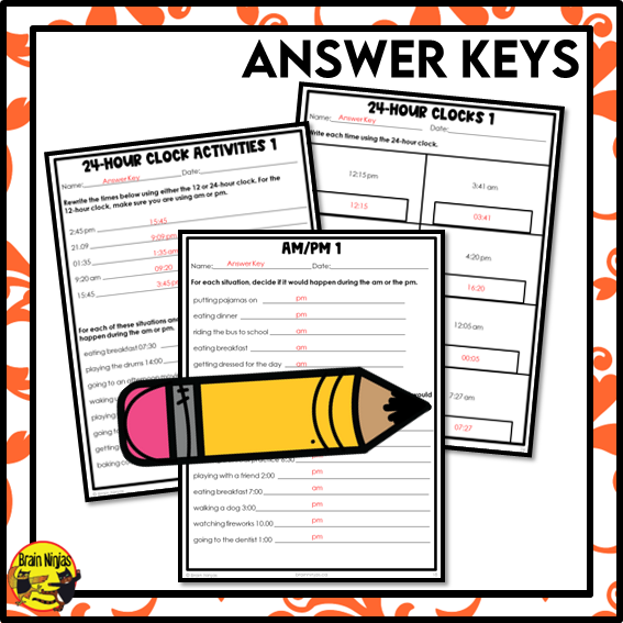 12 and 24-Hour Time Referents and AM/PM Math Worksheets | Paper