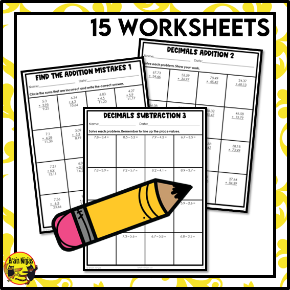 Addition and Subtraction of Decimals to Hundredths Math Worksheets | Paper