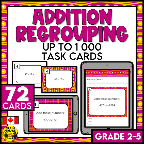 Addition up to 1 000 With and Without Regrouping Task Cards | Paper and Digital