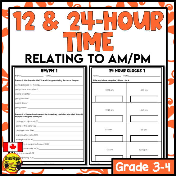 12 and 24 Hour Clocks and AM/PM Math Worksheets | Paper