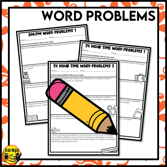 12 and 24 Hour Clocks and AM/PM Math Worksheets | Paper