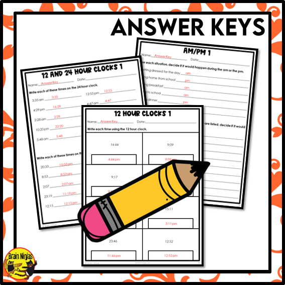 12 and 24 Hour Clocks and AM/PM Math Worksheets | Paper