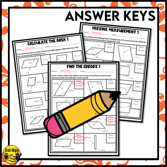 Area of Parallelograms in Metric Units Math Worksheets | Paper