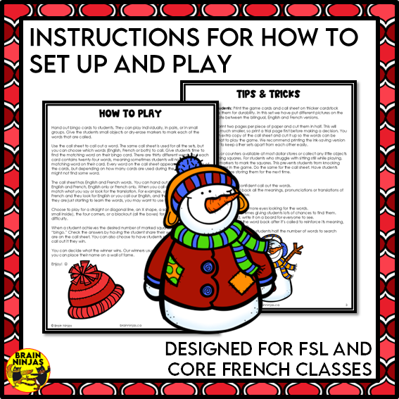 French Bingo Le Carnaval de Québec Vocabulary | Paper