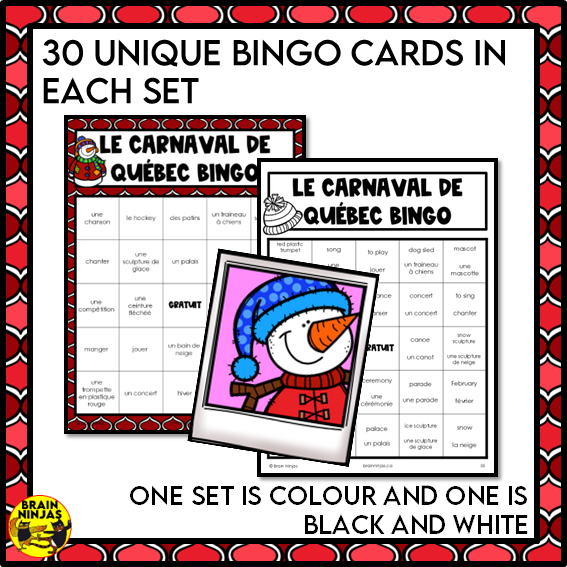 French Bingo Le Carnaval de Québec Vocabulary | Paper