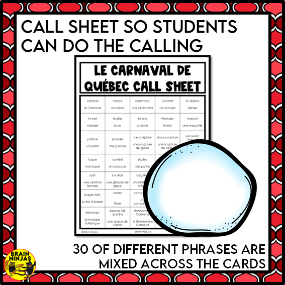 French Bingo Le Carnaval de Québec Vocabulary | Paper