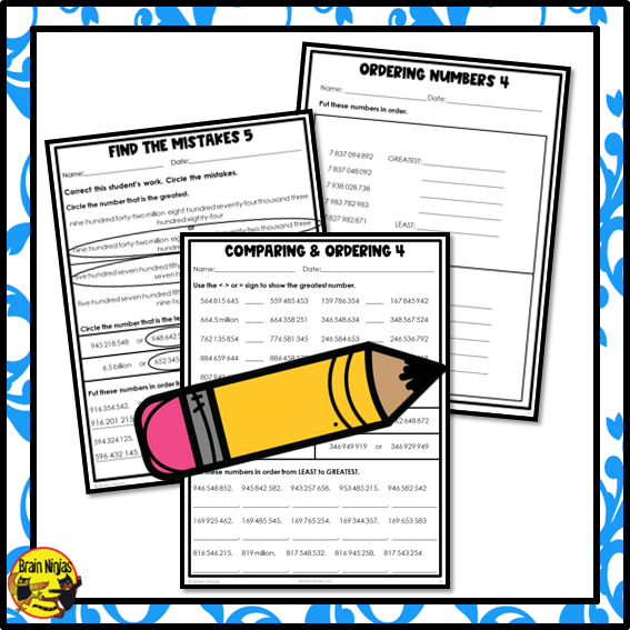 Comparing and Ordering Numbers to 1 000 000 000 Math Worksheets | Paper | Grade 6
