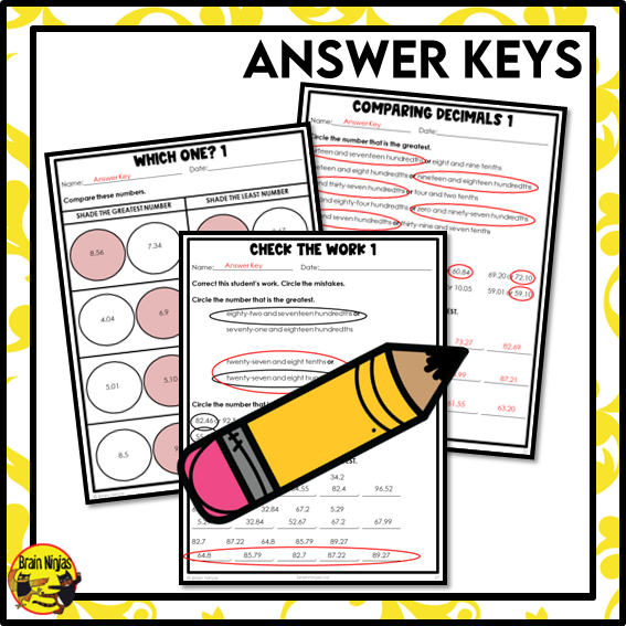 Comparing and Ordering Decimals to Hundredths Math Worksheets | Paper