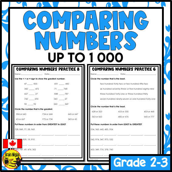 Comparing and Ordering Numbers to 1 000 Math Worksheets | Paper