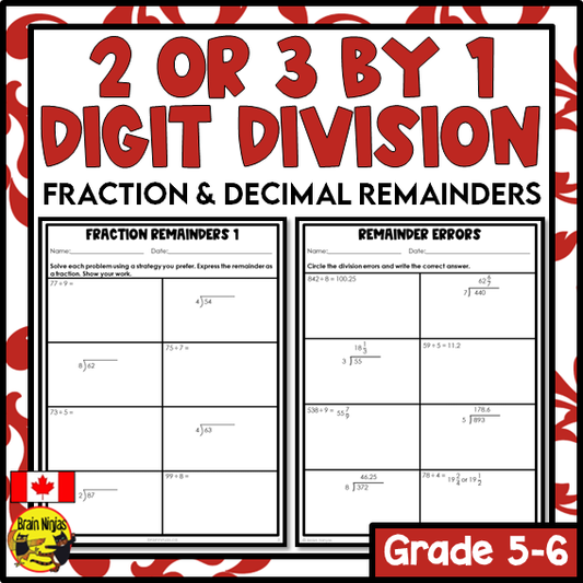 Division Math Worksheets | 2 or 3 by 1 Digit With Fraction or Decimal Remainders | Paper