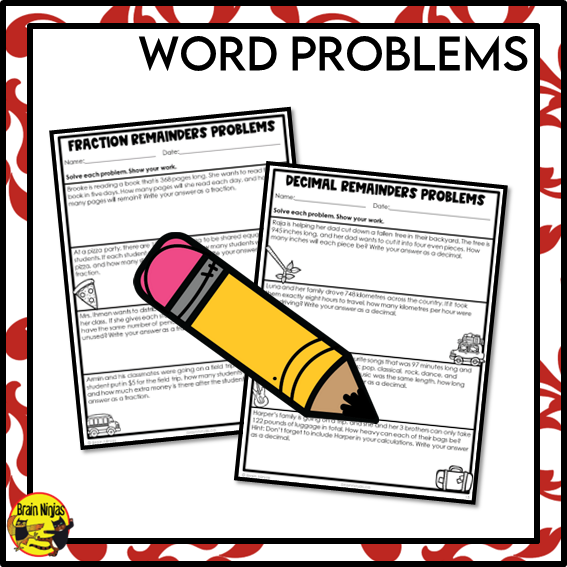 Division Math Worksheets | 2 or 3 by 1 Digit With Fraction or Decimal Remainders | Paper