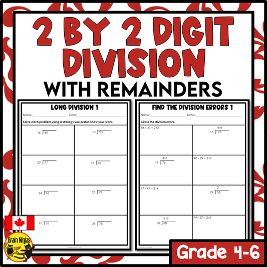 Division Math Worksheets | 2 digits by 2 Digits With Remainders | Paper