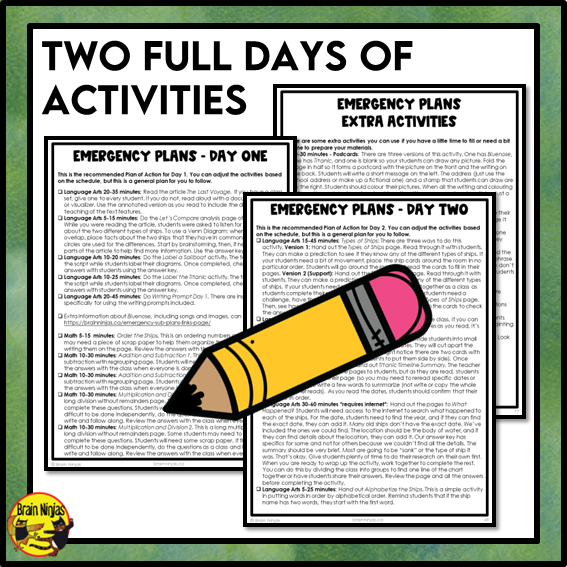 Emergency Sub Plans | Ships and Wrecks | Paper | Grade 4 Grade 5 Grade 6