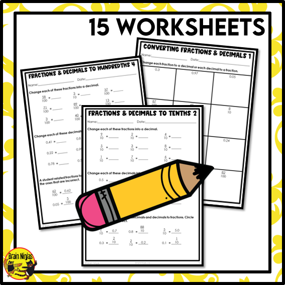 Relating Fractions and Decimals to Hundredths Math Worksheets | Paper