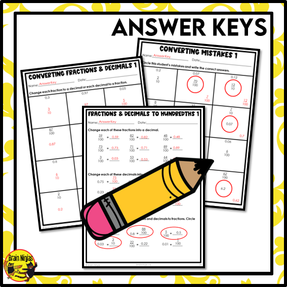 Relating Fractions and Decimals to Hundredths Math Worksheets | Paper