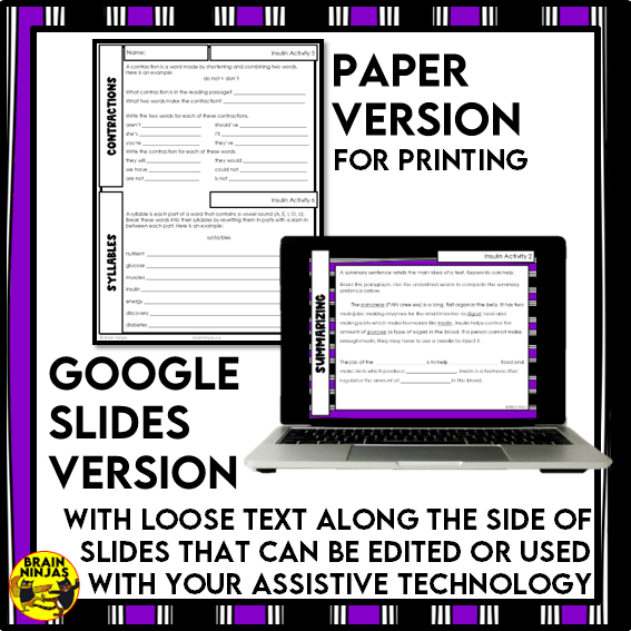 Insulin Reading Comprehension Activities | Paper and Digital