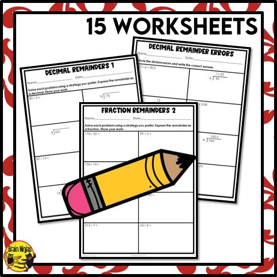 Division Math Worksheets | 2/3 digits by 1/2 Digits With Fraction or Decimal Remainders | Paper