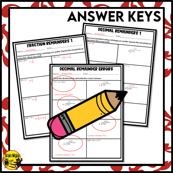 Division Math Worksheets | 2/3 digits by 1/2 Digits With Fraction or Decimal Remainders | Paper