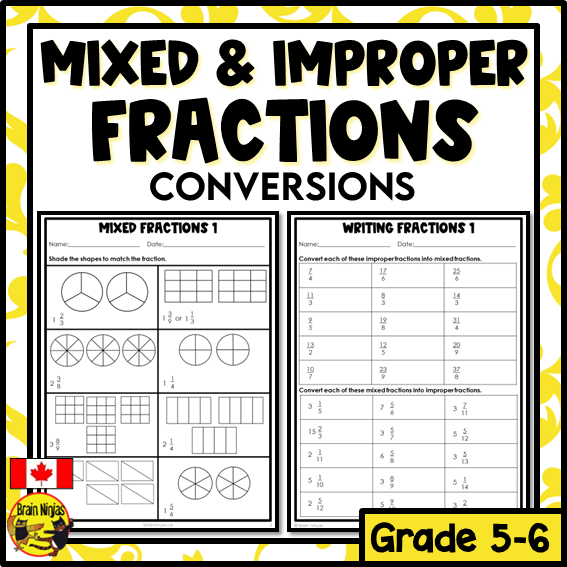 Mixed and Improper Fractions Math Worksheets | Paper