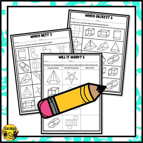 Nets of 3D Objects Math Worksheets | Paper | Identifying and Matching