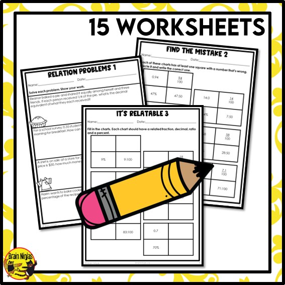 Relating Ratios, Percent, Fractions and Decimals Math Worksheets | Paper