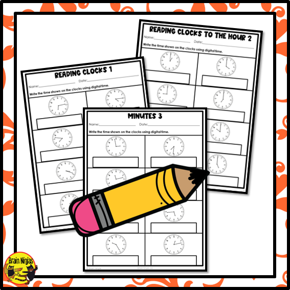 Reading Clocks and Telling Time Hours to Minutes Math Worksheets | Paper