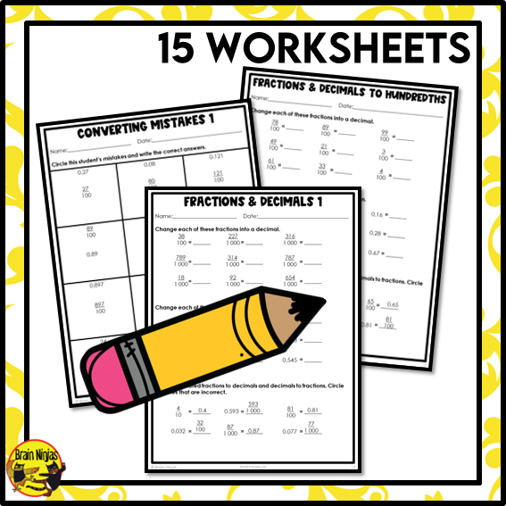 Converting Fractions and Decimals to Thousandths Math Worksheets | Paper | Grade 5
