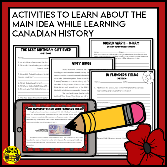 Remembrance Day Bundle Reading Writing Social Studies and Art Activities | Paper and Digital