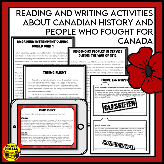 Remembrance Day Bundle Reading Writing Social Studies and Art Activities | Paper and Digital