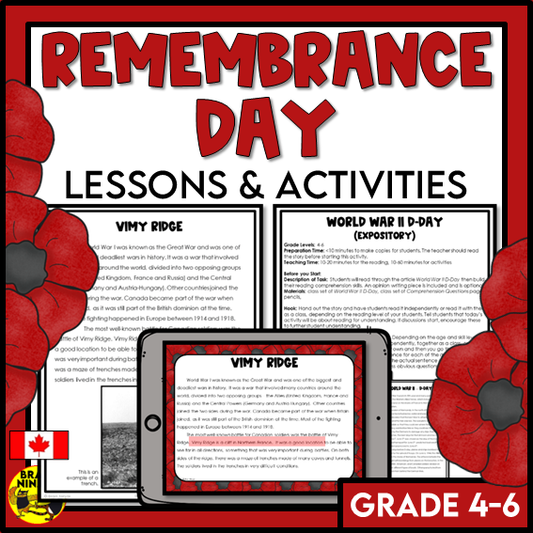 Remembrance Day in Canada Reading and Writing Activities | Paper and Digital