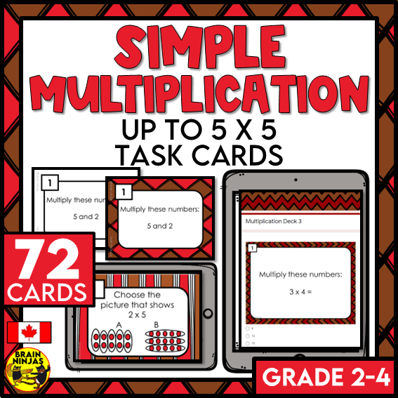 Simple Multiplication with Factors up to 5 Math Task Cards | Paper and Digital