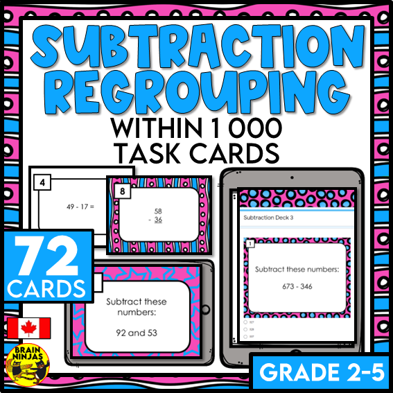 Subtraction With and Without Regrouping Within 1 000 Task Cards | Paper and Digital