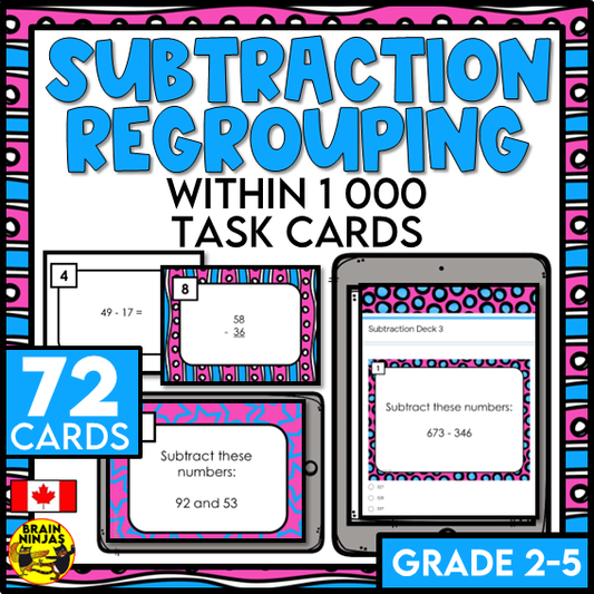 Subtraction With and Without Regrouping Within 1 000 Task Cards | Paper and Digital