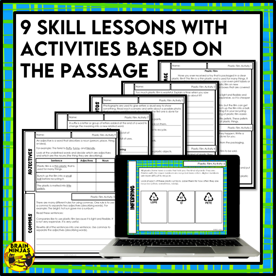 Plastic Film Reading Comprehension Activities | Paper and Digital
