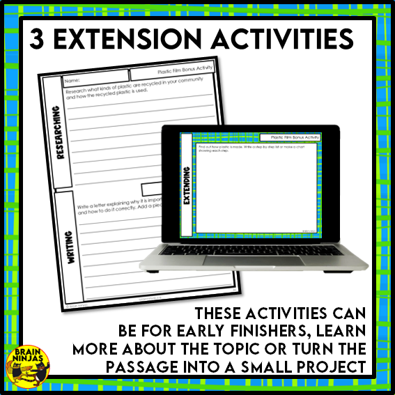 Plastic Film Reading Comprehension Activities | Paper and Digital