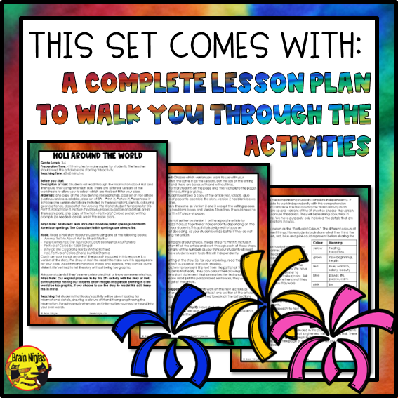 Holi Festival of Colours Reading and Writing Activities | Paper and Digital