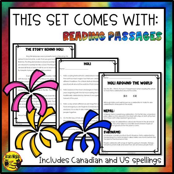 Holi Festival of Colours Reading and Writing Activities | Paper and Digital
