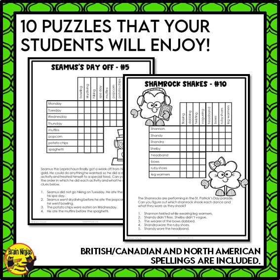 St Patricks Day Logic Puzzles | Paper and Digital