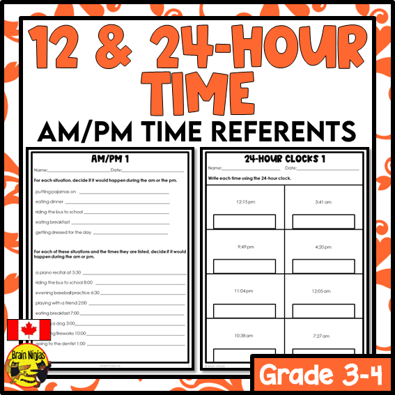 12 and 24-Hour Time Referents and AM/PM Math Worksheets | Paper