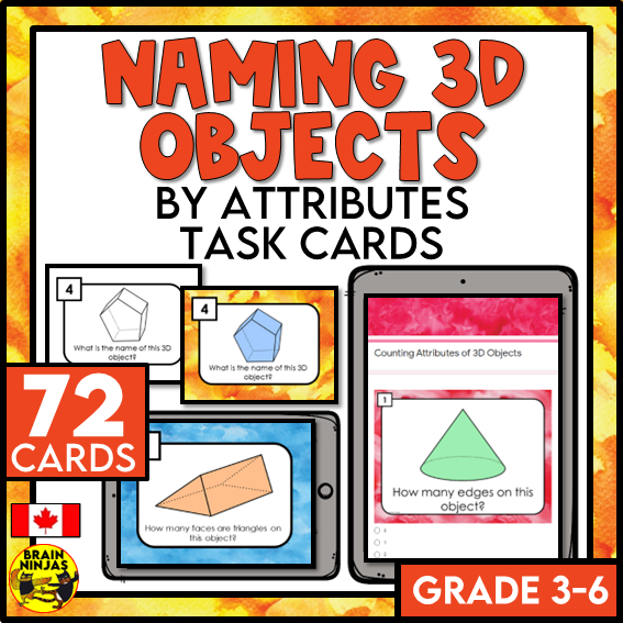 3D Objects Names and Attributes Math Task Cards | Paper and Digital