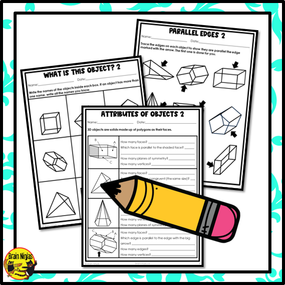 Names and Attributes of 3D Objects Math Worksheets | Paper