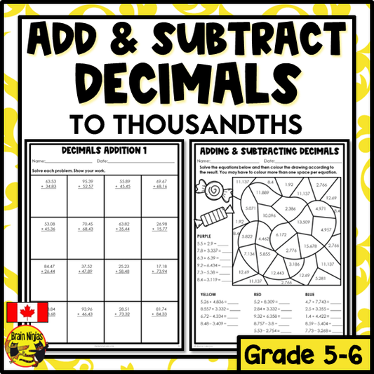 Addition and Subtraction of Decimals to Thousandths Math Worksheets | Paper | Grade 5