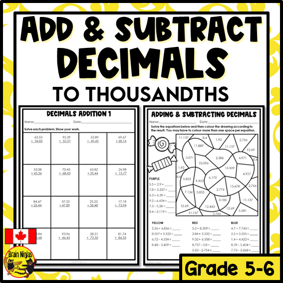 Addition and Subtraction of Decimals to Thousandths Math Worksheets | Paper | Grade 5