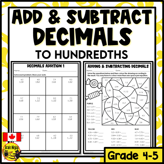Addition and Subtraction of Decimals to Hundredths Math Worksheets | Paper