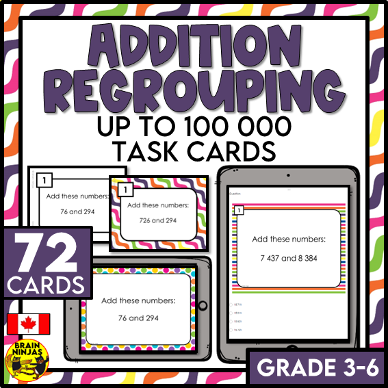 Addition to 100 000 With Regrouping Math Task Cards | Paper and Digital