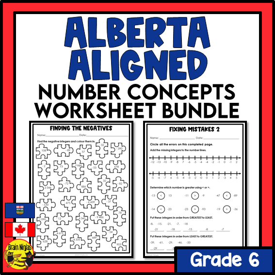 Alberta Math Curriculum Number and Integers Worksheets Bundle | Paper | Grade 6