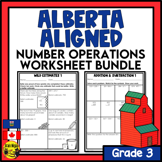 Alberta Math Curriculum Number Operations Worksheets Bundle | Paper | Grade 3