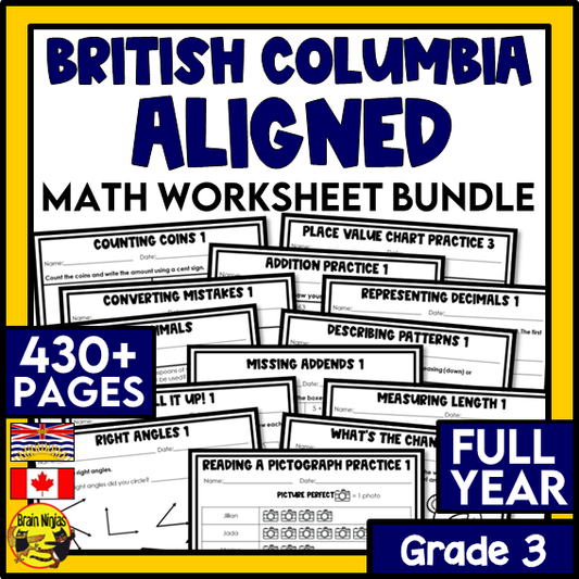 British Columbia Aligned Math Worksheets Full Year Bundle | Paper | Grade 3