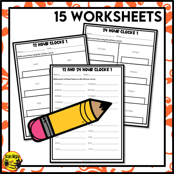 12 and 24 Hour Clocks and AM/PM Math Worksheets | Paper